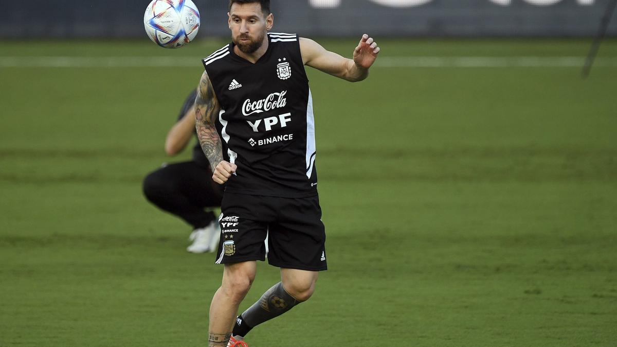 Argentina’s Lionel Messi warms up during the national team’s practice Thursday at Inter Miami’s facilities in Fort Lauderdale.