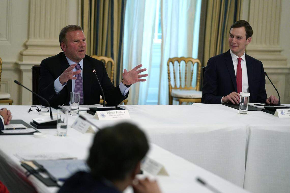 Tilman Fertitta, chairman and CEO of Landry’s Inc., speaks at a meeting with restaurant industry executives about the coronavirus response, in the State Dining Room of the White House, Monday, May 18, 2020, in Washington, as White House senior adviser Jared Kushner listens.