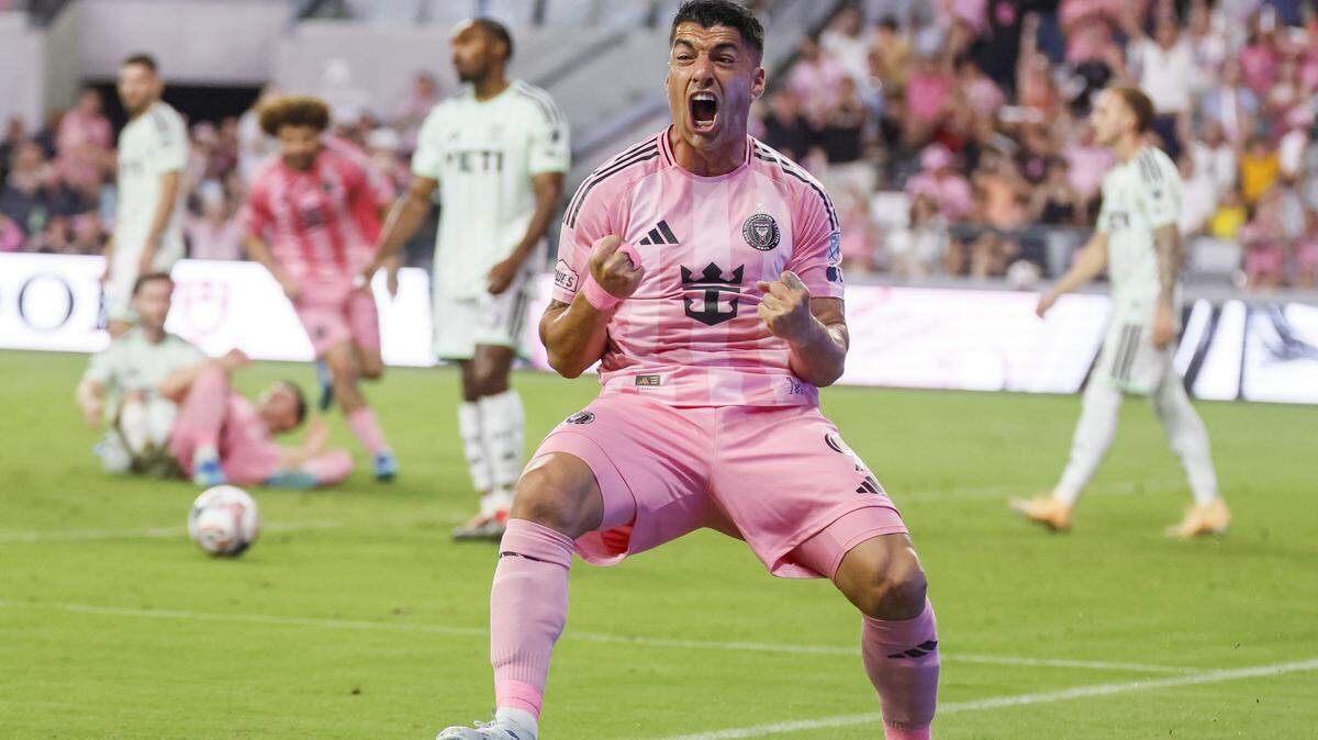 Inter Miami CF forward Luis Suárez (9) reacts after scoring against Austin FC in the second half of their MLS match at Nu Stadium in Miami Freedom Park on Saturday, April 4, 2026, in Miami, Florida.