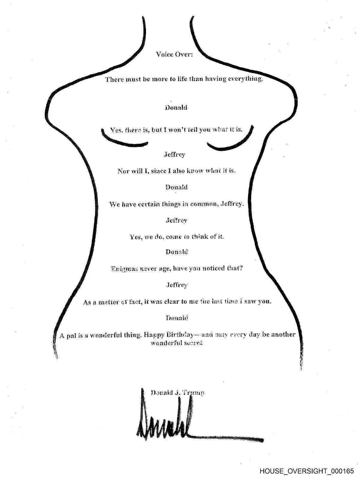 Trump denies that he wrote or drew this message that was part of Epstein's birthday book.