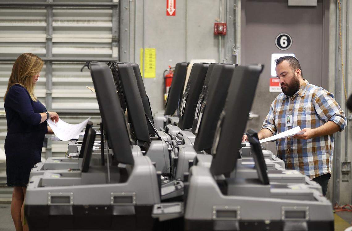 Miami-Dade election support specialists check voting machines for accuracy at the Miami-Dade Election Department headquarters Wednesday in Doral, Florida.