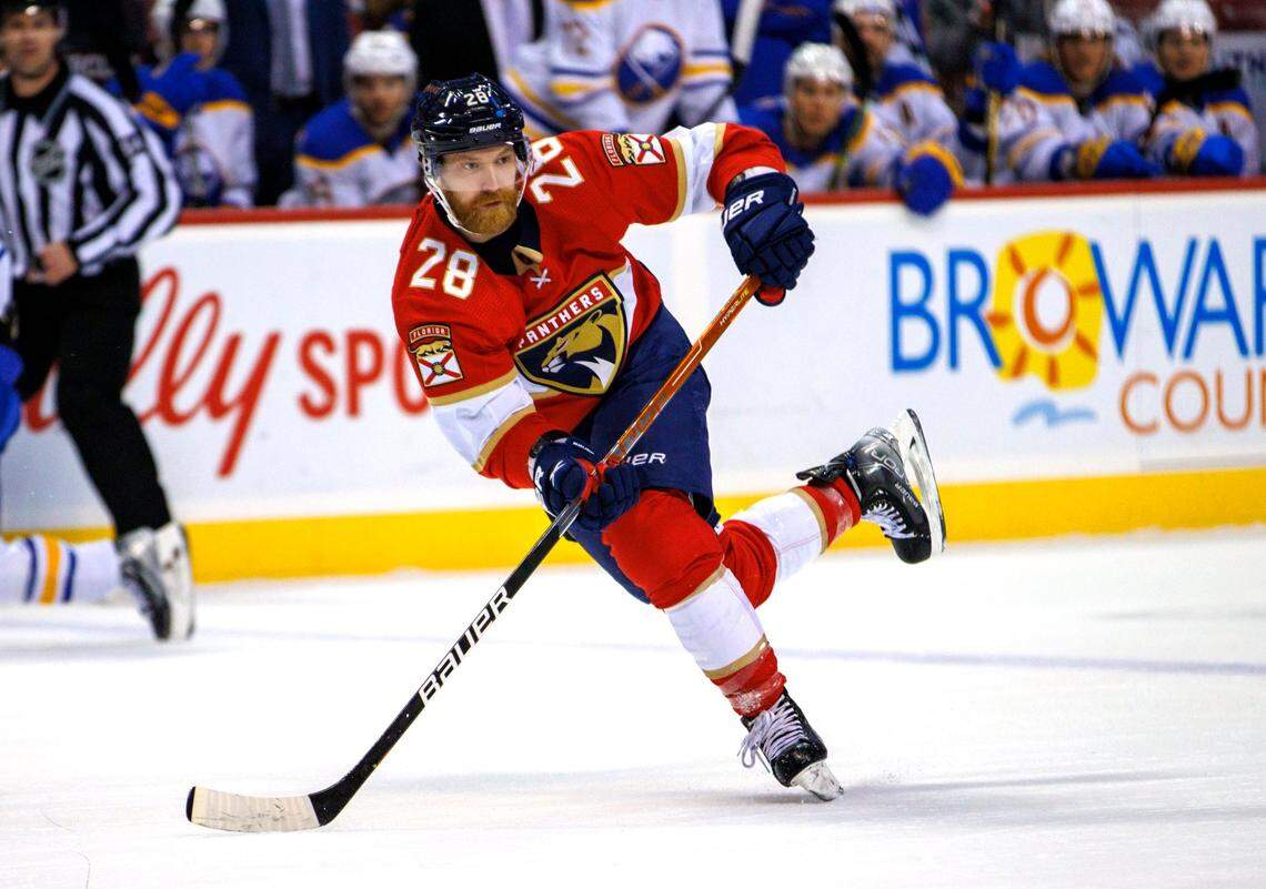 Florida Panthers right wing Claude Giroux (28) takes a shot during the first period of an NHL game against the Buffalo Sabres at the FLA Live Arena on Friday, April 8, 2022 in Sunrise, Fl.
