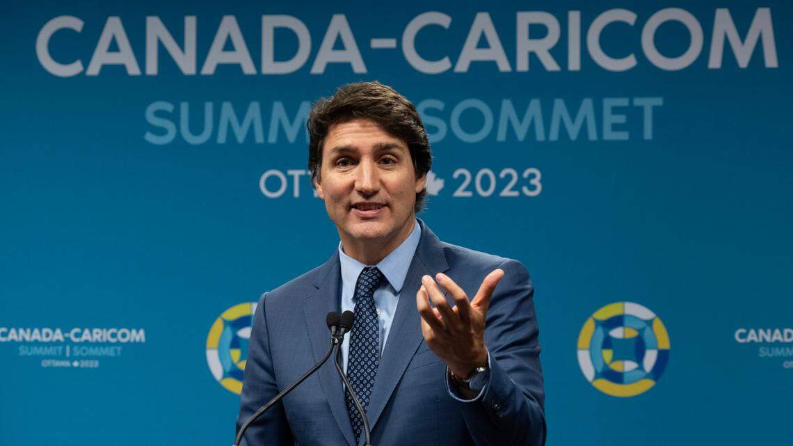 Canadian Prime Minister Justin Trudeau speaks about Haiti during the closing news conference at the Canada CARICOM Summit, Thursday, Oct. 19, 2023, in Ottawa, Ontario. (Adrian Wyld/The Canadian Press via AP)