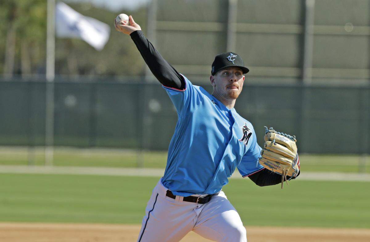 Miami Marlins pitcher Jeff Brigham (43) pitches during the first full-squad spring training workout at Roger Dean Stadium on Monday, February 17, 2020 in Jupiter, FL.