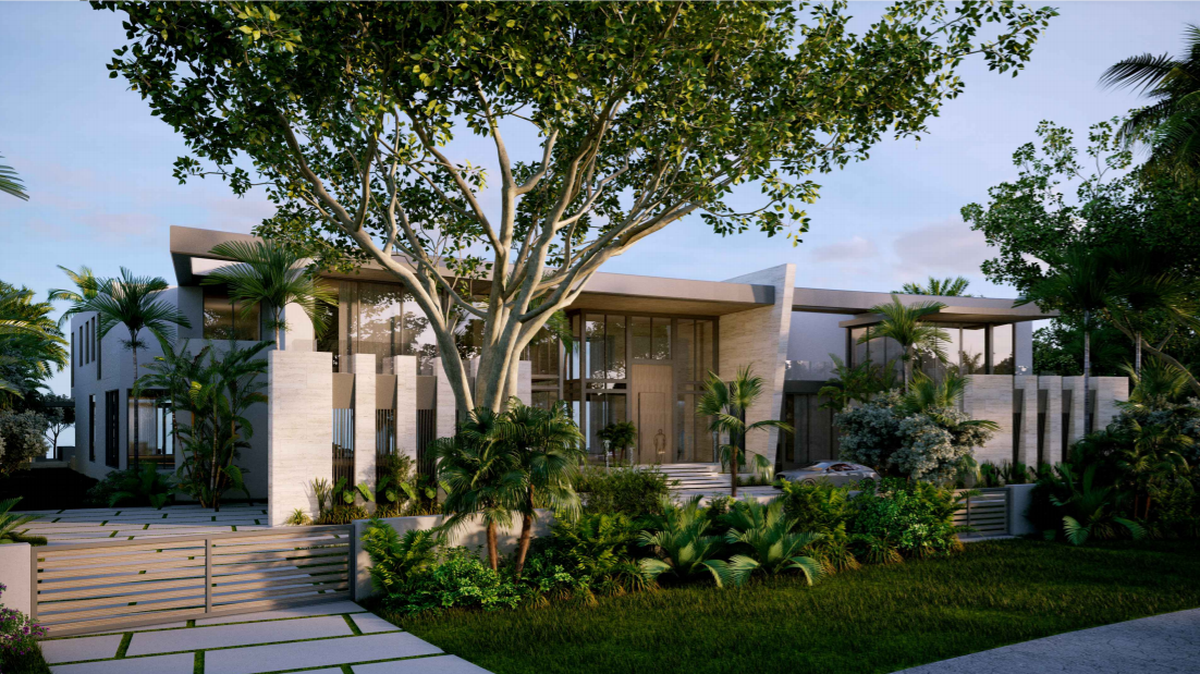 Film producer Lawrence Kuppin wants to replace his Mediterranean-inspired historic house with a 16,998-square-foot modern residence. This rendering of the house was submitted to the City of Miami Beach.