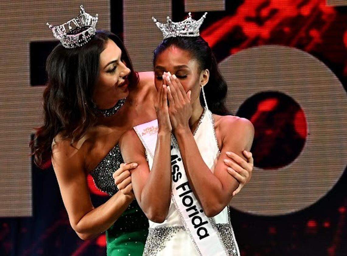 Paris Richardson becomes emotional after being crowned Miss Florida by 2024 Miss Florida Casana Fink on Saturday, June 28, 2025, at the Youkey Theater at the RP Funding Center in Lakeland.