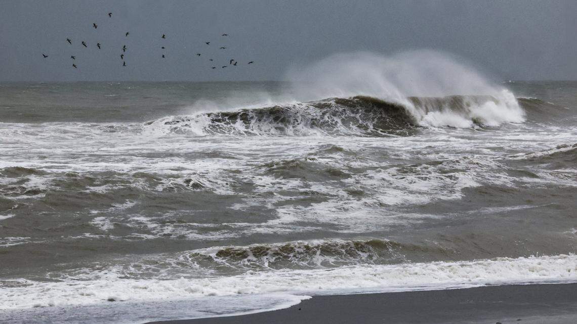 Waves crash on the shore line early Wednesday evening on October 9, 2024. The high tide for Venice Beach area will at 5:00 AM on Thursday, as the west coast awaits the arrival of Hurricane Milton.