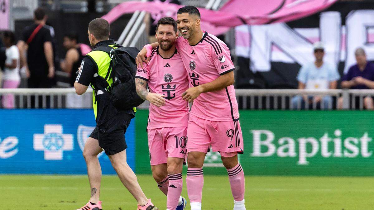 Inter Miami players Lionel Messi (10) and Luis Suárez (9), shown during the 5-0 win over Orlando City last weekend, are starting side by side against Nashville SC in the Champions Cup round of 16 Mar. 7, 2024.