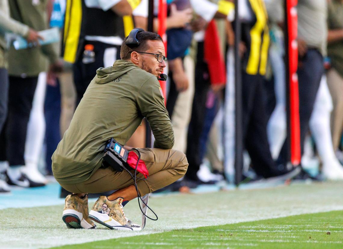 Miami Dolphins head coach Mike McDaniel looks fro. The sidelines during fourth quarter of an NFL football game against the Cleveland Browns at Hard Rock Stadium on Sunday, November 13, 2022 in Miami Gardens, Florida.
