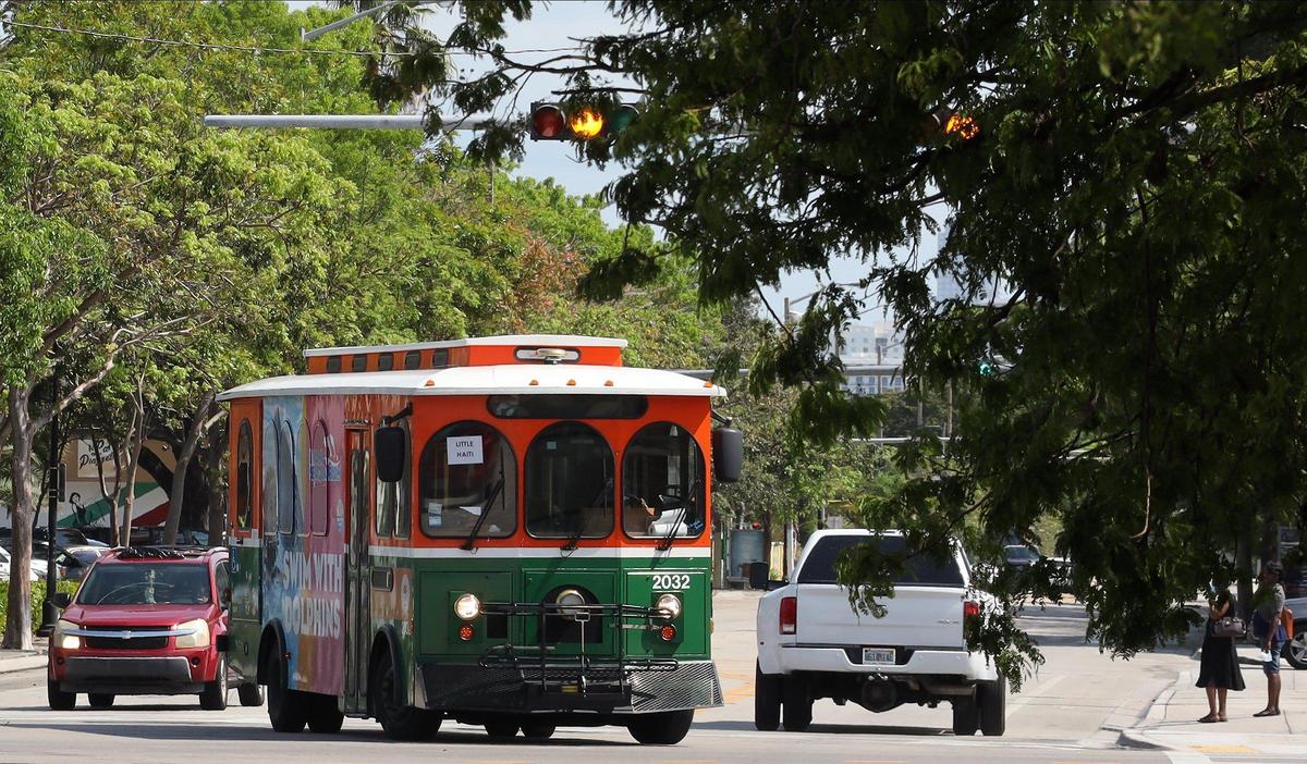 Little Haiti trolley turns west at the intersection of NE 2nd Avenue and NE 54th Street on Wednesday, May 6, 2020.