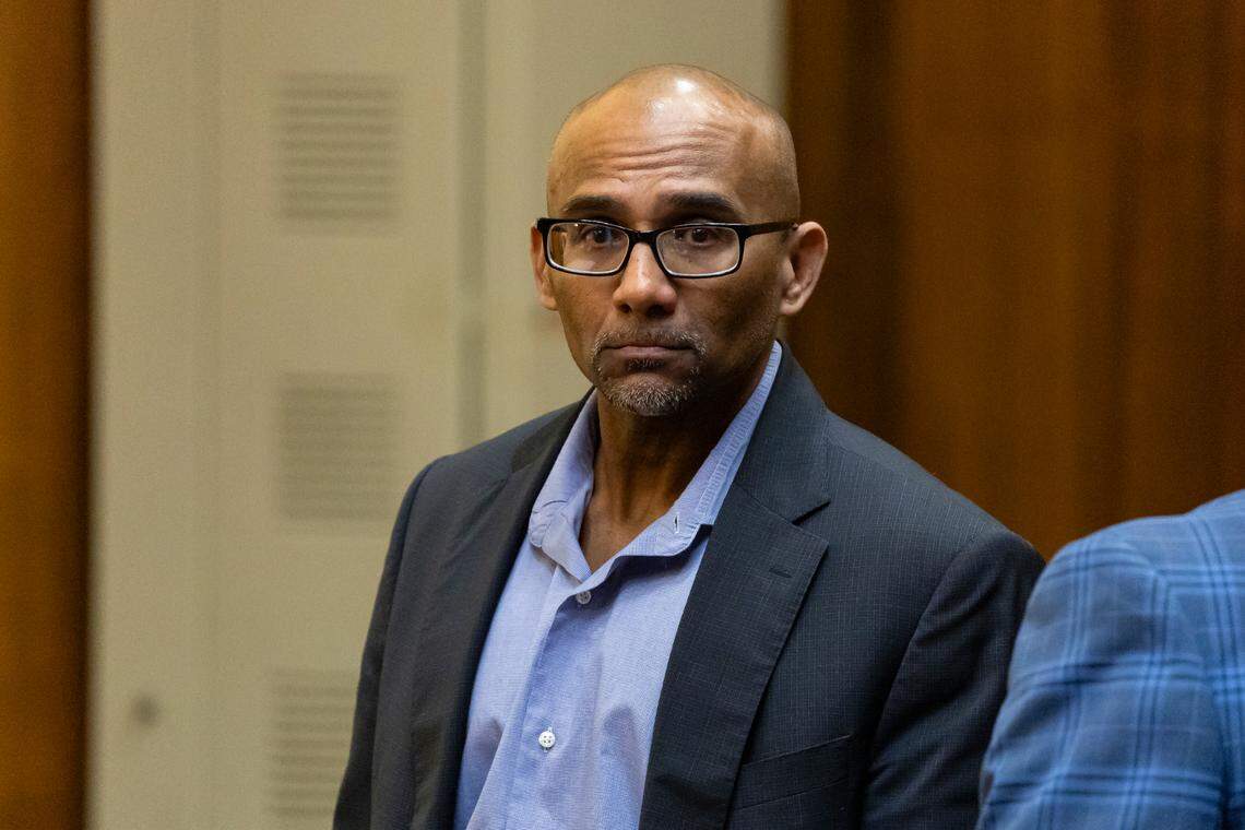 Noel Doorbal looks on after jurors sentenced him to life in prison in his resentencing trial at the Richard E. Gerstein Justice Building on Friday, Dec. 20, 2024, in Miami, Fla. The resentencing trial was held over a double murder three decades ago of a wealthy couple that ran a 900 phone sex business.