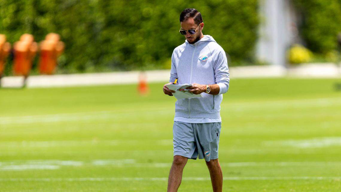 Dolphins Head Coach Mike McDaniel walks the field during 2023 Miami Dolphins Rookie Minicamp at Baptist Health Training Complex in Miami Gardens, Florida, on Friday, May 12, 2023.