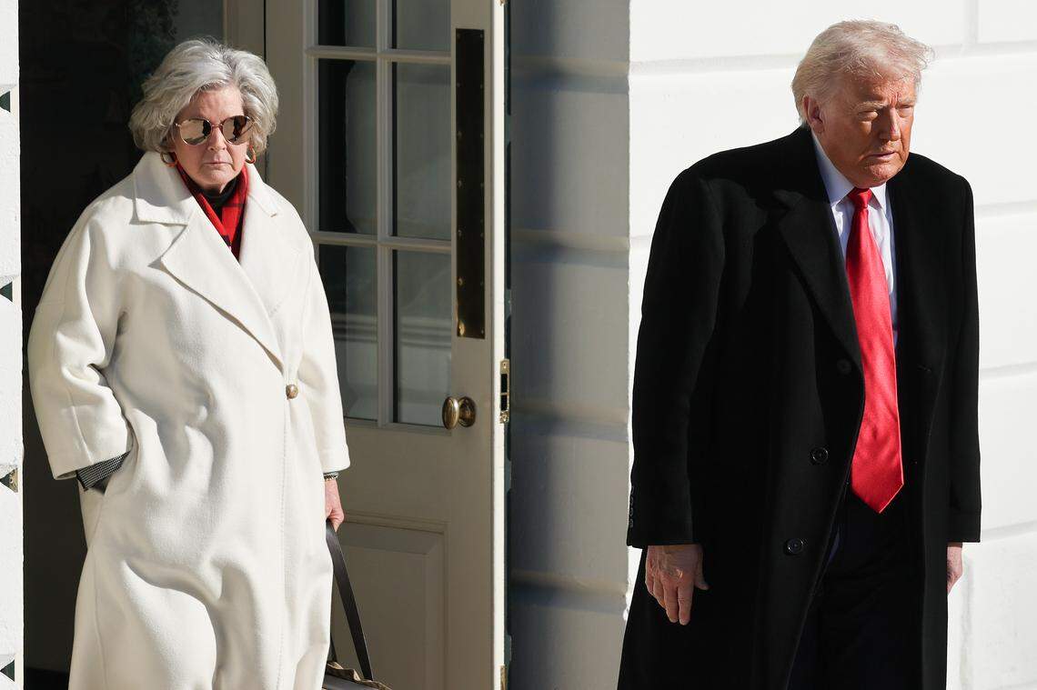 President Donald Trump departs the White House with White House Chief of Staff Susie Wiles, Jan. 13, 2026 in Washington.