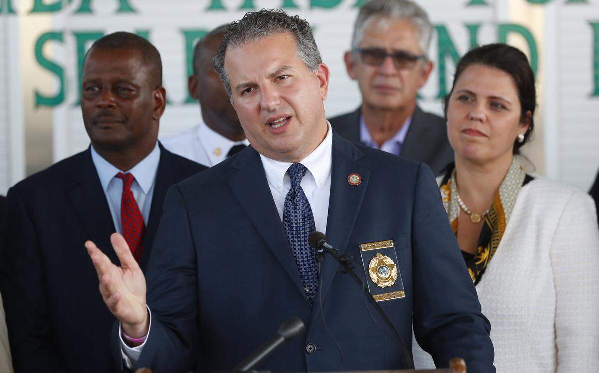 Florida Chief Financial Officer Jimmy Patronis speaks during a news conference about hurricane preparedness, Wednesday, June 19, 2019, at the Miami-Dade Fire Rescue Training Facility in Miami.