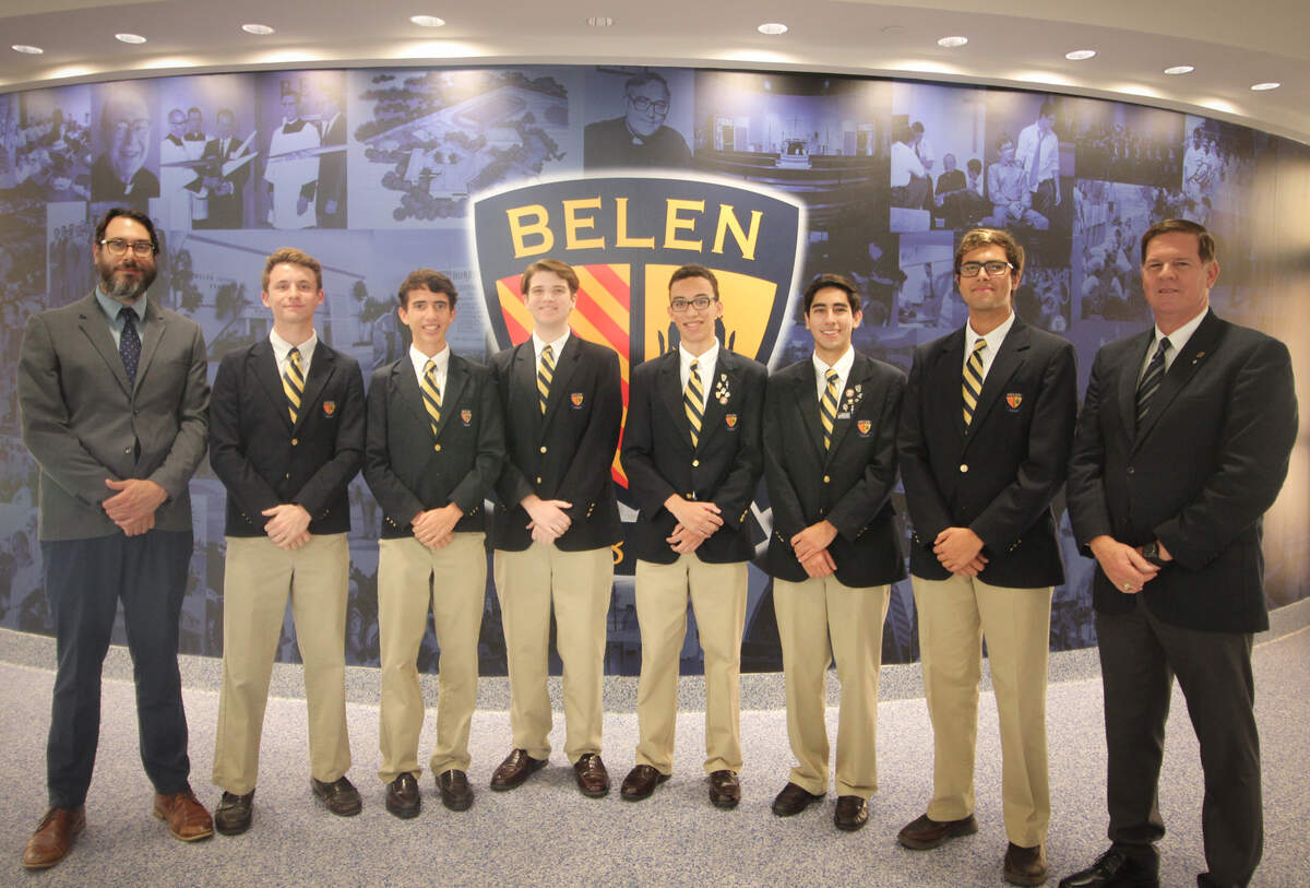Six seniors from Belen Jesuit Preparatory School, in Miami, were named semifinalists in the 2020 National Merit Scholarship Program. The students are pictured above with Assistant Principal Ramon Nicosia, far left, and Principal Jose Roca, far right. The students are Stephen Brennan, Matthew Bryan, Tomas De La Huerta, Rafael Queiroz, Esteban Rincon and Michael Ruiz.