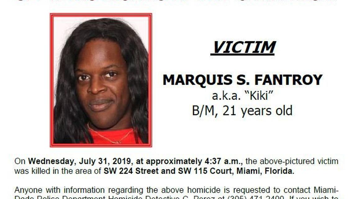 A police poster on the killing of Marquis “Kiki” Fantroy, a 21-year-old transgender woman, in Goulds.