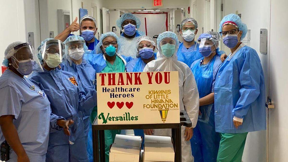 The Kiwanis of Little Havana volunteer members provide meals from Versailles Restaurant to Jackson Memorial Hospital health workers amid the Coronavirus crisis. More than 250 doctors and nurses received complimentary lunches April 16.