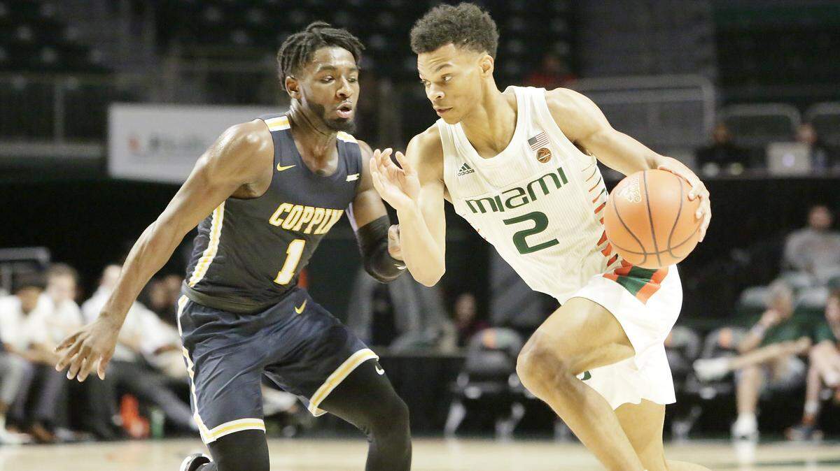 UM Hurricanes Isaiah James (2) controls the ball during the basketball game against CSU Eagles on Saturday, Dec. 21, 2019 at Watsco Center in Coral Gables
