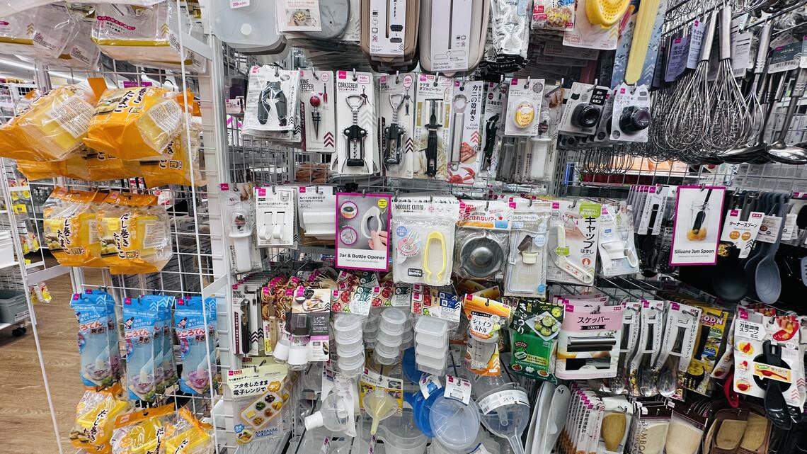 A rack of kitchen and home goods inside the new Kendall Daiso at Higate Square on Feb. 19, 2026, the week of its opening.