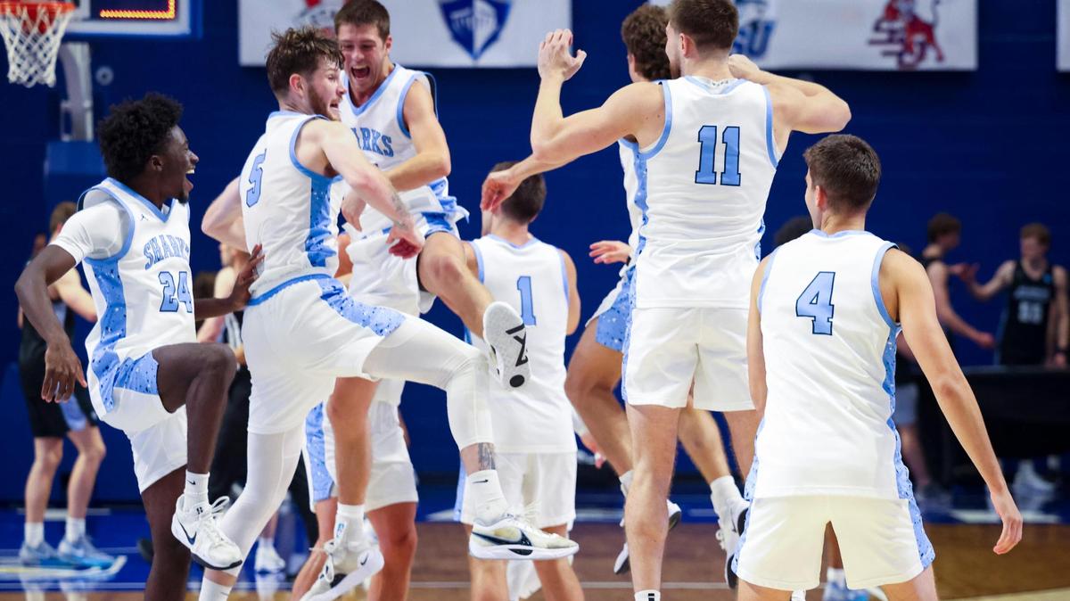 The NSU Sharks celebrate their win against the UAH Chargers during the NCAA Division II South Regional final on Tuesday, March 18, 2025, in the Rick Case Arena at Nova Southeastern University in Davie, Fla. NSU won and advances to the Elite Eight.