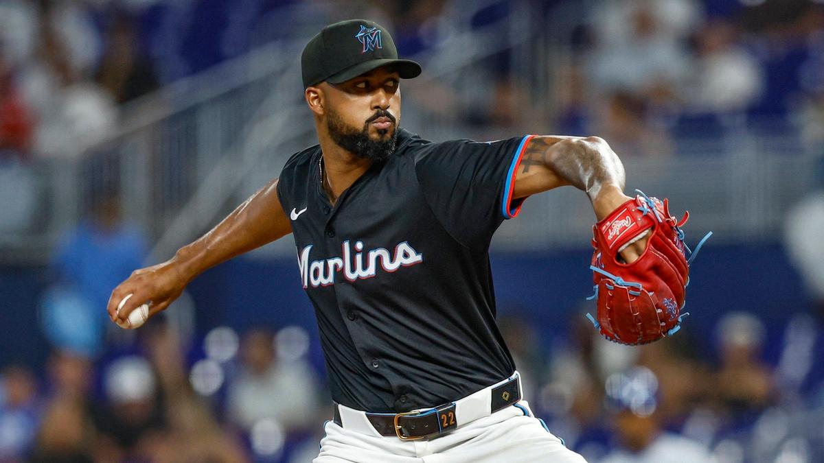Miami Marlins pitcher Sandy Alcantara (22) pitches against the Kansas City Royals in the first inning at loanDepot park in Miami, Florida, on Friday, July 18, 2025.