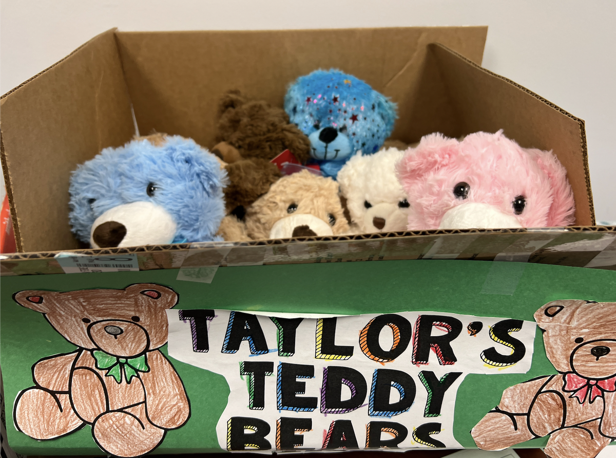 Una caja llena de osos de peluche recolectados durante una campaña de la escuela primaria Hollywood Hills.