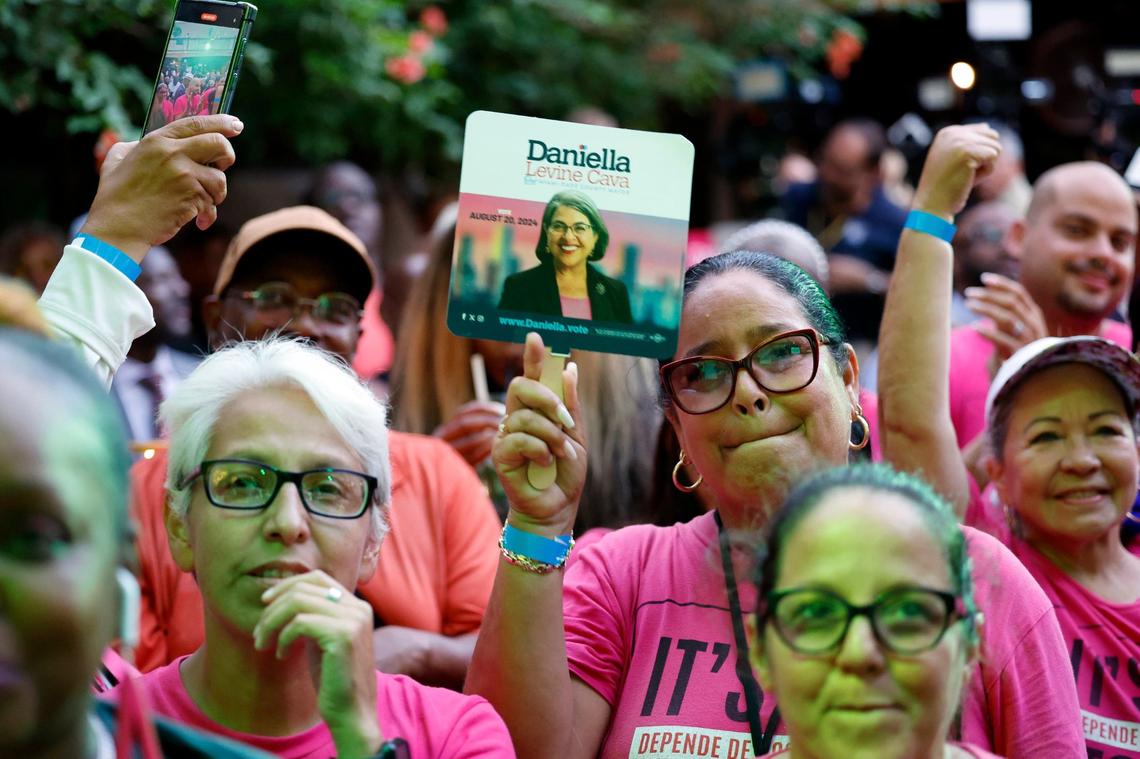 Ivon Hernandez holds up a fan in support of Mayor Daniella Levine Cava during the Levine Cava watch party on election night at Ball and Chain in Little Havana on Tuesday, Aug. 20, 2024.