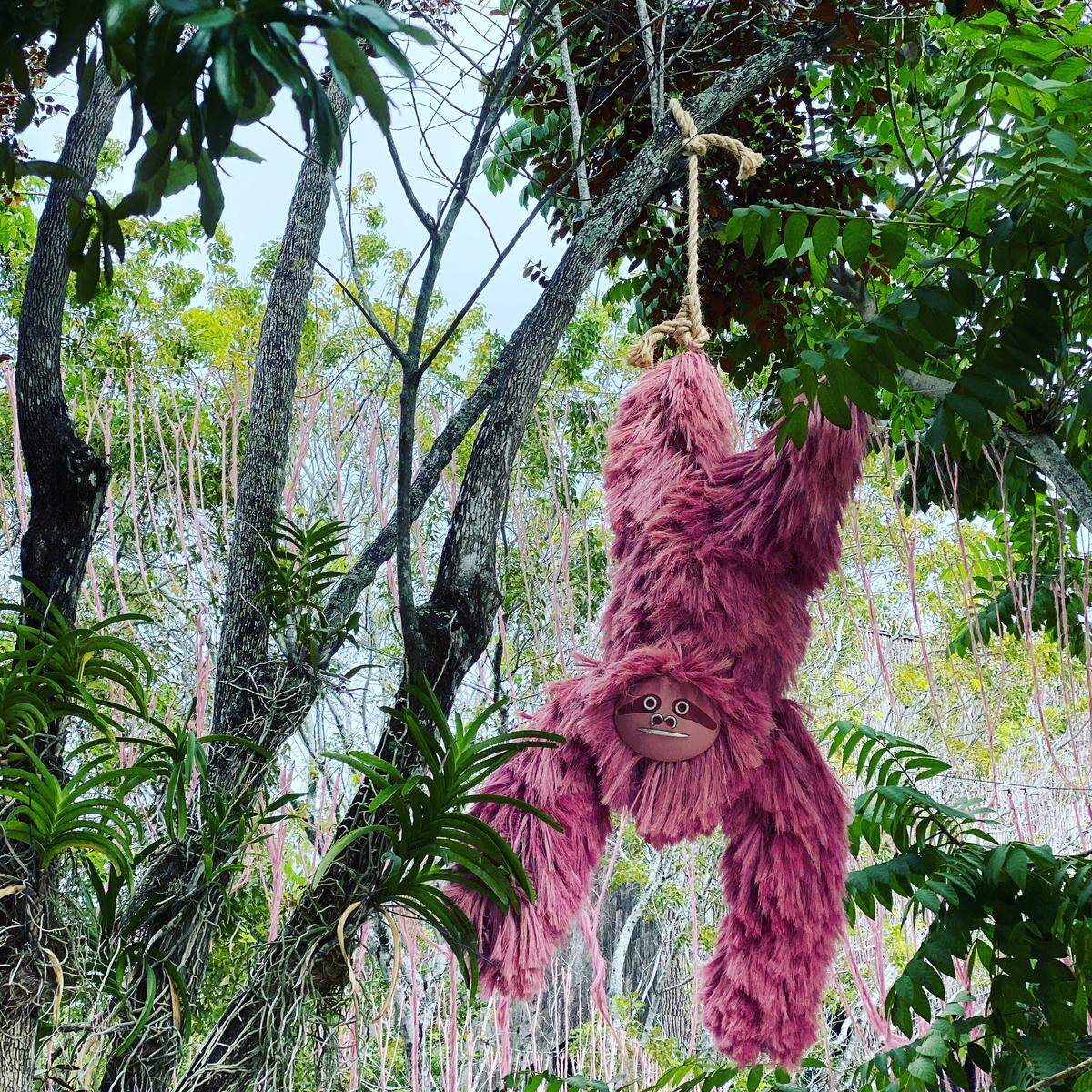 In the Design District, Mexican designer Fernando Laposse’s “Pink Beasts” hang from neighborhood trees.