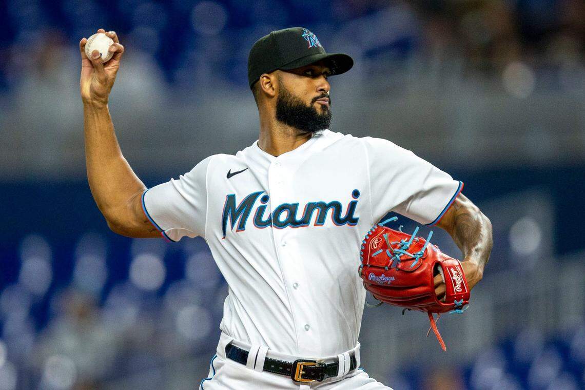 Miami Marlins pitcher Sandy Alcantara (22) throws the ball during the second inning of an MLB game against the Washington Nationals at loanDepot park in the Little Havana neighborhood of Miami, Florida, on Wednesday, June 8, 2022.