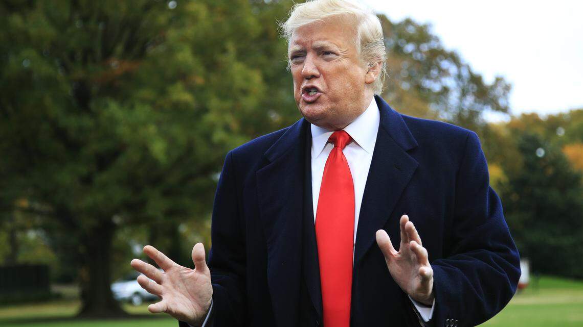 President Donald Trump speaks to the members of the media on the South Lawn before leaving the White House in Washington, Nov. 2, 2018, for a campaign rally in Huntington, W.Va., and Indianapolis.