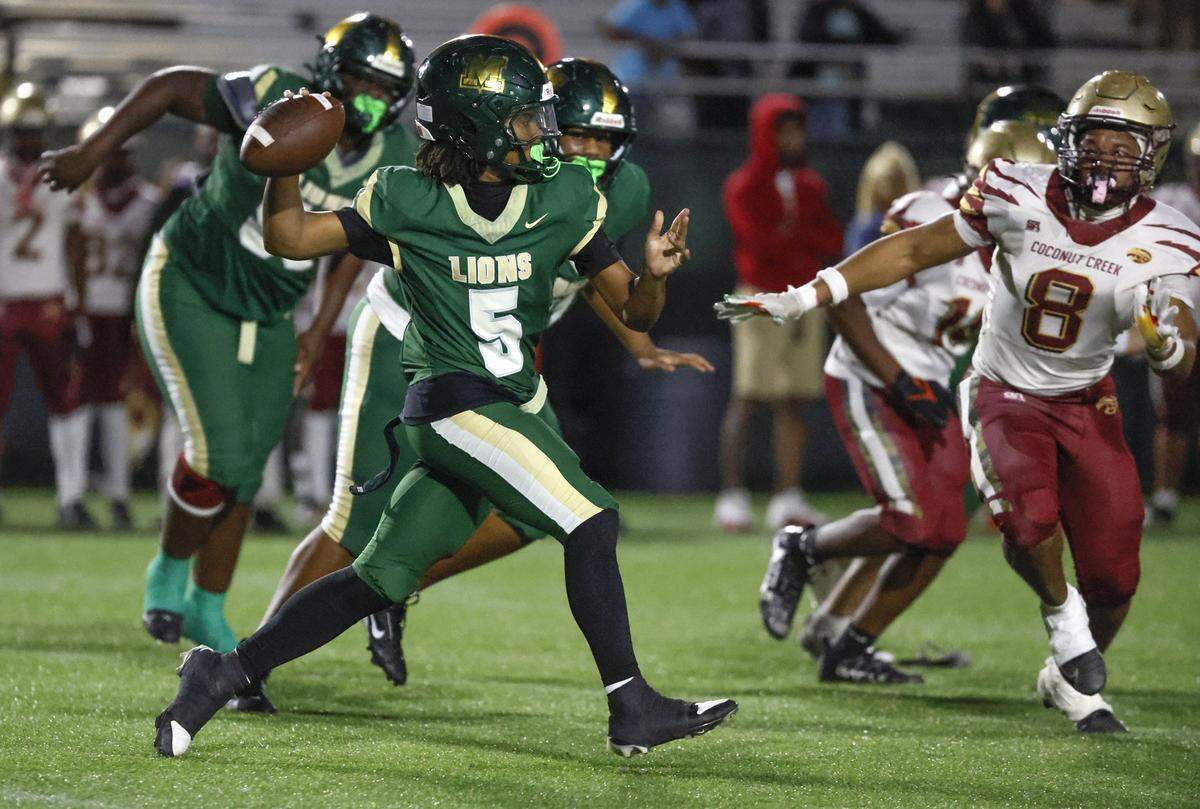 Mater Academy quarterback Dontavious Kinchens (5) scrambles as he passes the ball during the football game against Coconut Creek for Region 4-5A quarterfinal at Milander Park in Hialeah, Florida on Friday, November 14, 2025.