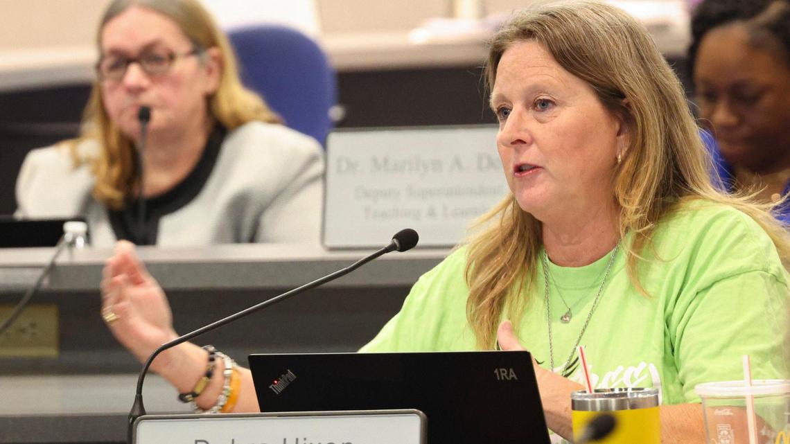 Debra Hixon, vice chair, speaks during a Broward County School Board meeting to discuss a new superintendent on May 2 in Fort Lauderdale.