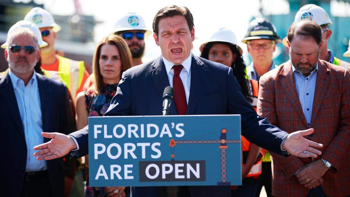 Florida Gov. Ron DeSantis speaks during a news conference, Friday, March 4, 2022 at Jacksonville Port Authority in Jacksonville.