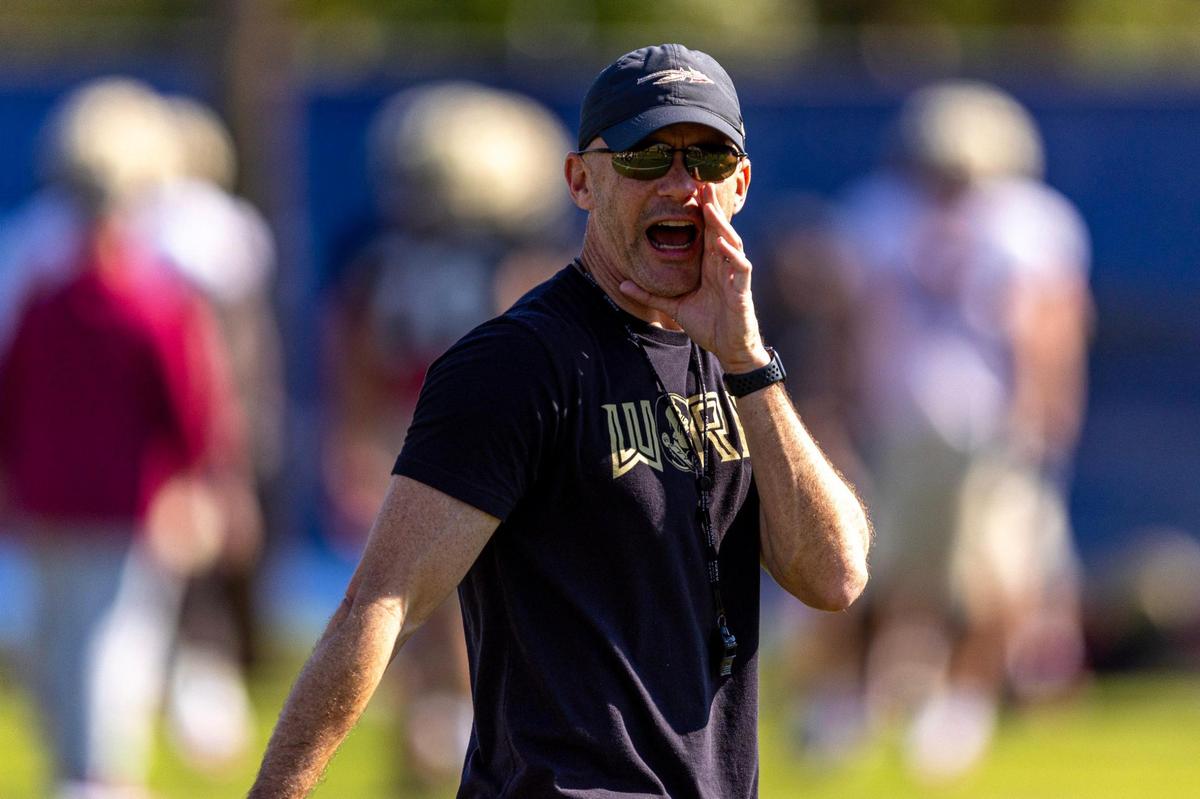 Florida State University Head Coach Mike Norvell shouts instructions during Orange Bowl practice in Davie, Florida, on Wednesday, December 27, 2023.