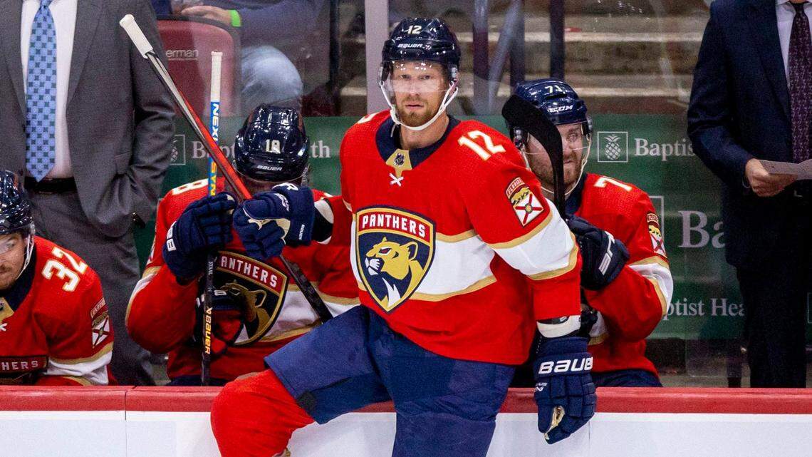 Florida Panthers forward Eric Staal (12) enters the game during the second period of an NHL game against the Tampa Bay Lightning at FLA Live Arena in Sunrise, Florida, on Thursday, October 6, 2022.