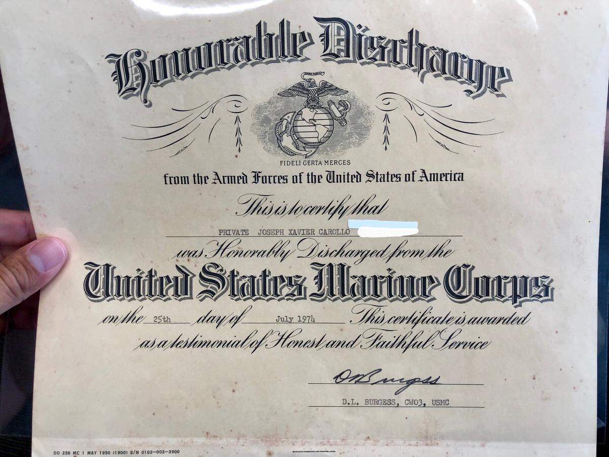 Miami Commissioner Joe Carollo presented this certificate as proof he served in the inactive reserve of the United States Marine Corps. He shared the certificate at Thursday’s city commission meeting.
