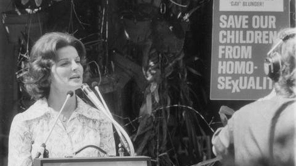 Anita Bryant addresses the media at her home in Miami Beach during her 1977 campaign against Dade County’s gay-rights ordinance.