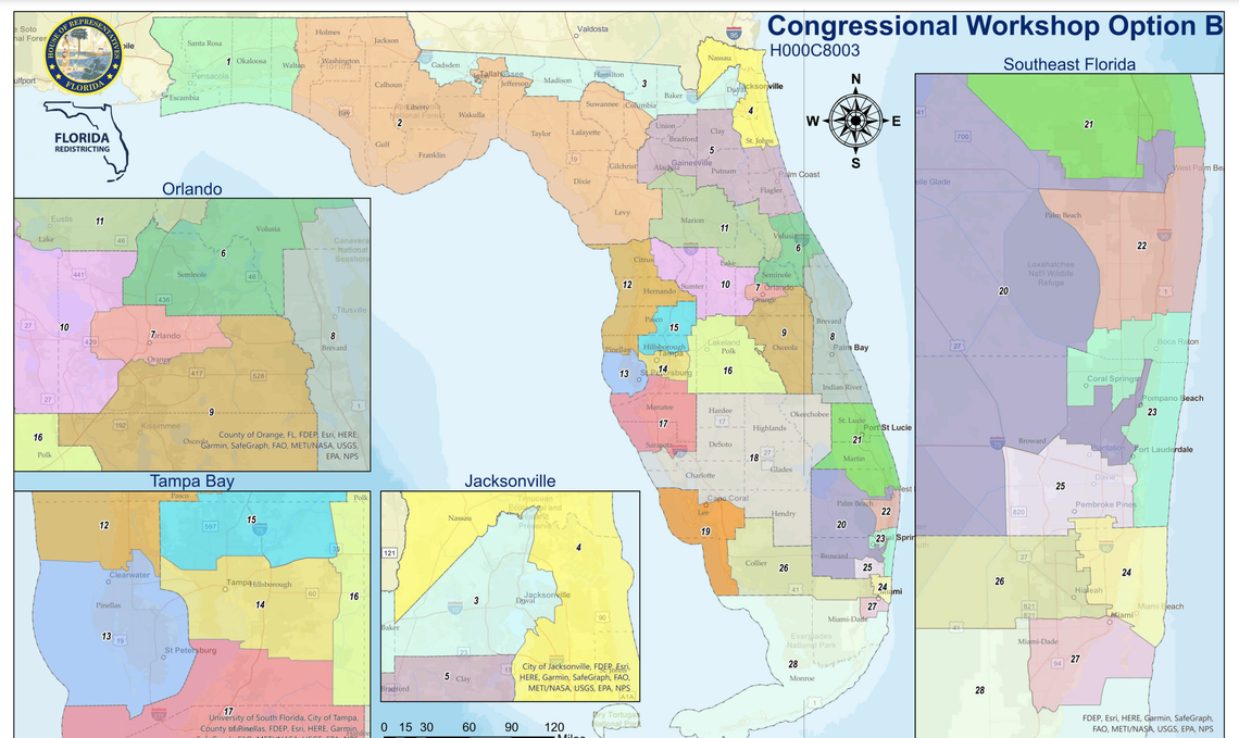 In this version of a congressional redistricting map released Nov. 29, 2021, by the Florida House of Representatives, the North Florida district represented by Al Lawson (it’s numbered 3 at the top right) was configured similarly to how it had been.