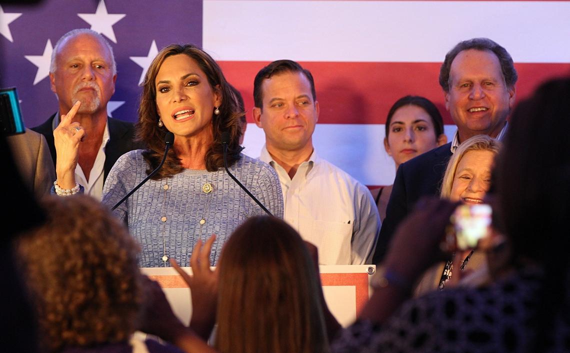 U.S. Congressman Lincoln Diaz-Balart, Congresswoman Ileana Ros-Lehtinen and Lt. Gov. Carlos Lopez Cantera, joined candidate Maria Elvira Salazar on stage after she won the Republican primary nomination for the U.S. Congressional District 27 to replace Ros-Lehtinen in Miami on Tuesday, August 28, 2018.
