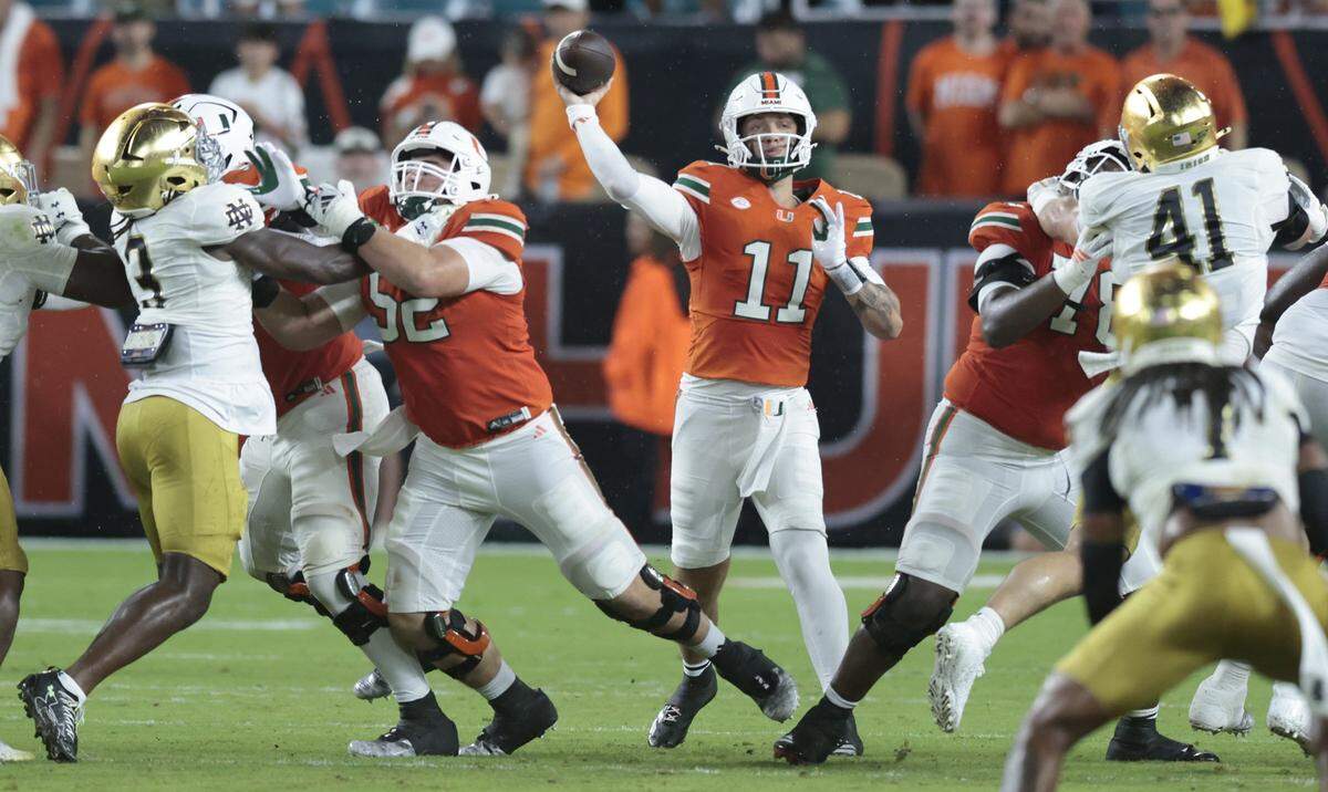 Miami Hurricanes quarterback Carson Beck (11) sets up to pass during an NCAA football game against the Notre Dame Fighting Irish at Hard Rock Stadium in Miami Gardens, Florida, on Sunday, August 31, 2025. 