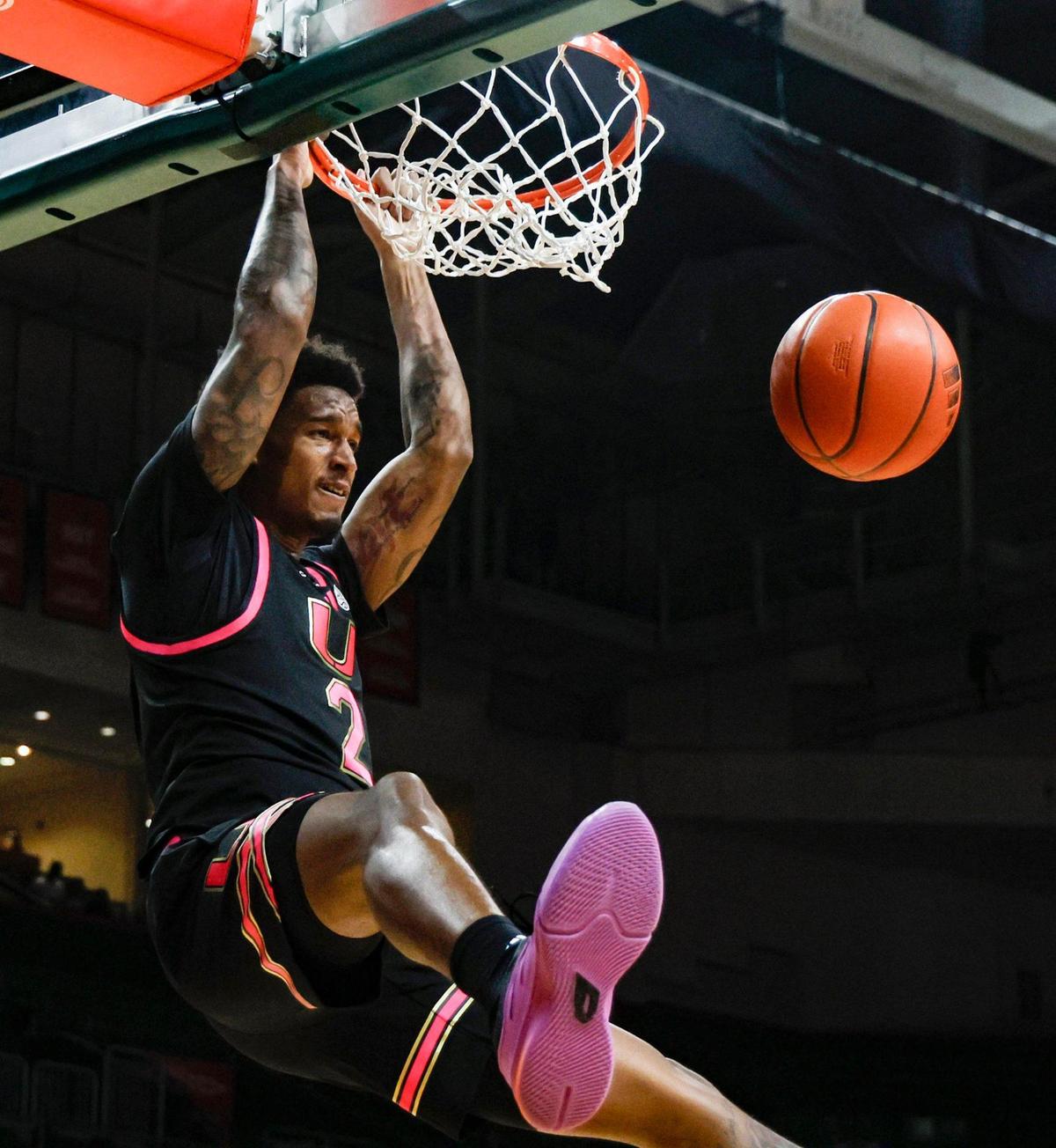Miami Hurricanes forward Brandon Johnson (2) dunks the ball against the Virginia Cavaliers in the seconbd half of their ACC basketball game at the Watsco Center in Coral Gables, Florida on Wednesday, January 29, 2025.