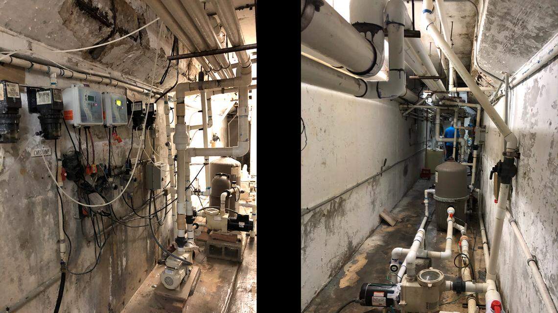 Cracks in concrete, exposed rebar and wet floor in the pool equipment room of Champlain Towers South Condo, in photos taken just 36 hours before the building collapsed.
