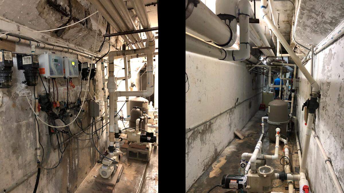 Cracks in concrete, exposed rebar and wet floor in the pool equipment room of Champlain Towers South Condo, in photos taken just 36 hours before the collapse.