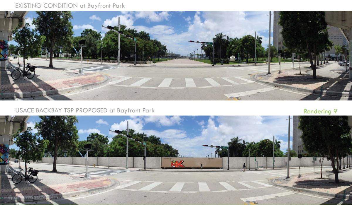 A rendering depicting what the Army Corps of Engineers’ proposed 10-foot high flood walls and doors designed to protect downtown Miami from storm-surge flooding might look like at Bayfront Park. The doors would be closed ahead of storms and open otherwise.