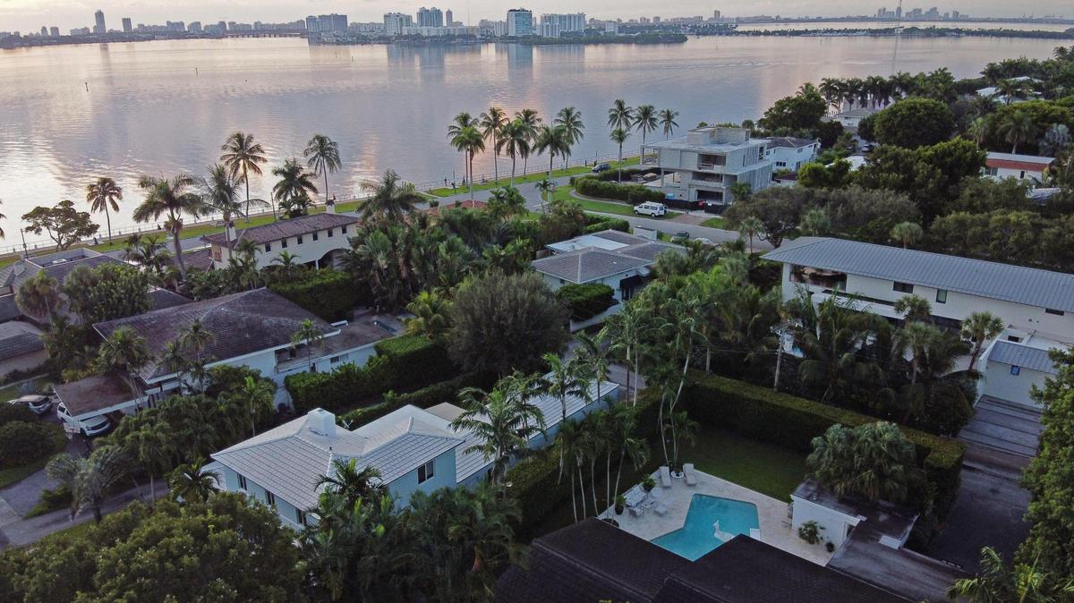 Aerial view of homes near Miami Shores Bayfront Park, looking southeast, Sept. 30, 2020