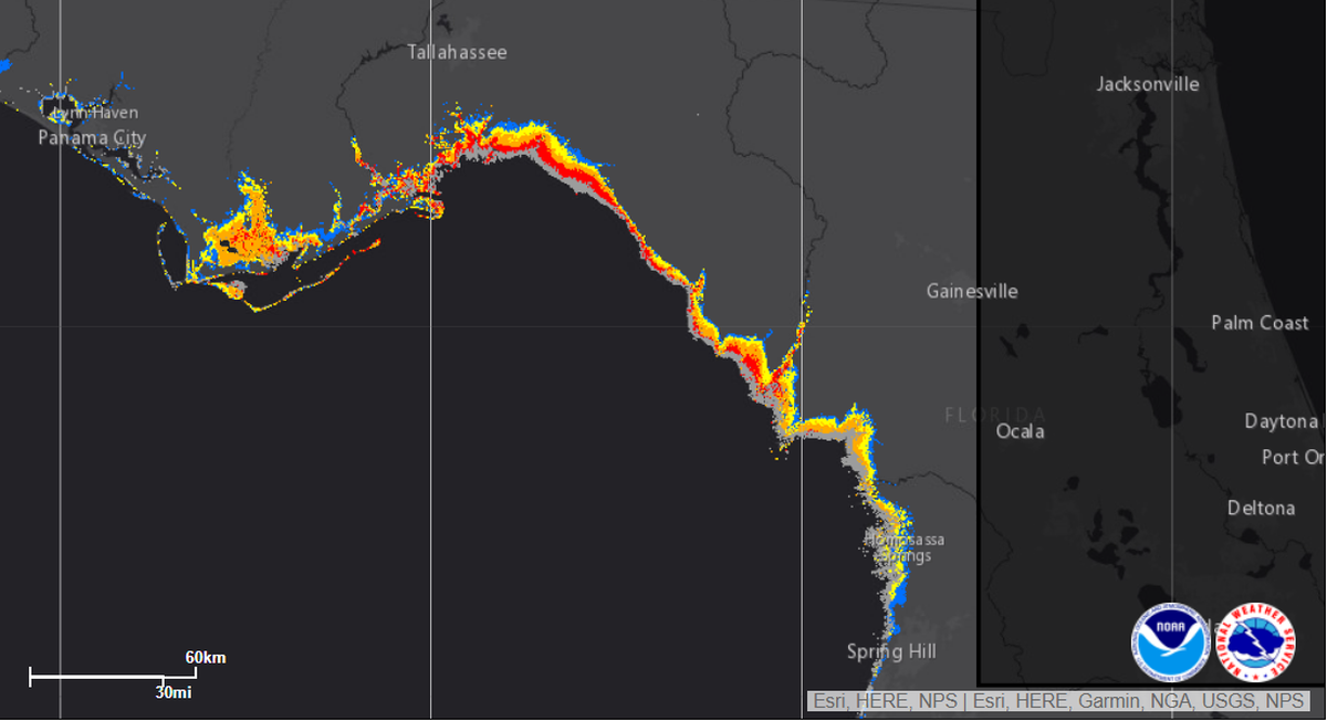 Orange highlighted areas are forecast to get six feet or more of storm surge. Red areas could get more than nine feet above normal water levels. Source: National Hurricane Center
