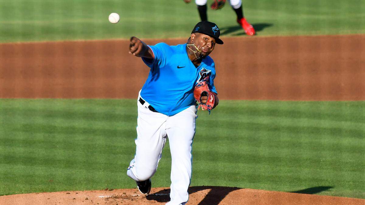 Miami Marlins pitcher Sixto Sanchez throws in the first inning of a spring training game against the Washington Nationals on Thursday, March 25, 2021, at Roger Dean Chevrolet Stadium in Jupiter, Florida.