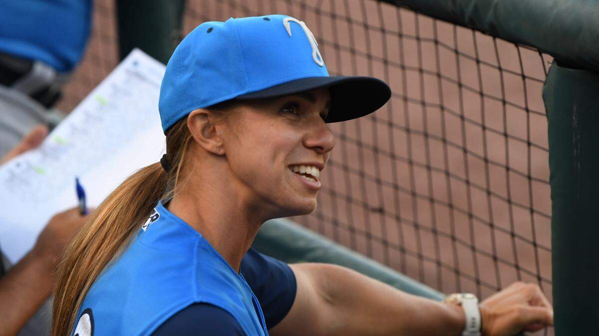 Rachel Balkovec smiles in a game versus the Lakeland Tigers. She is the first woman manager in the minor leagues and pros. Rachel1