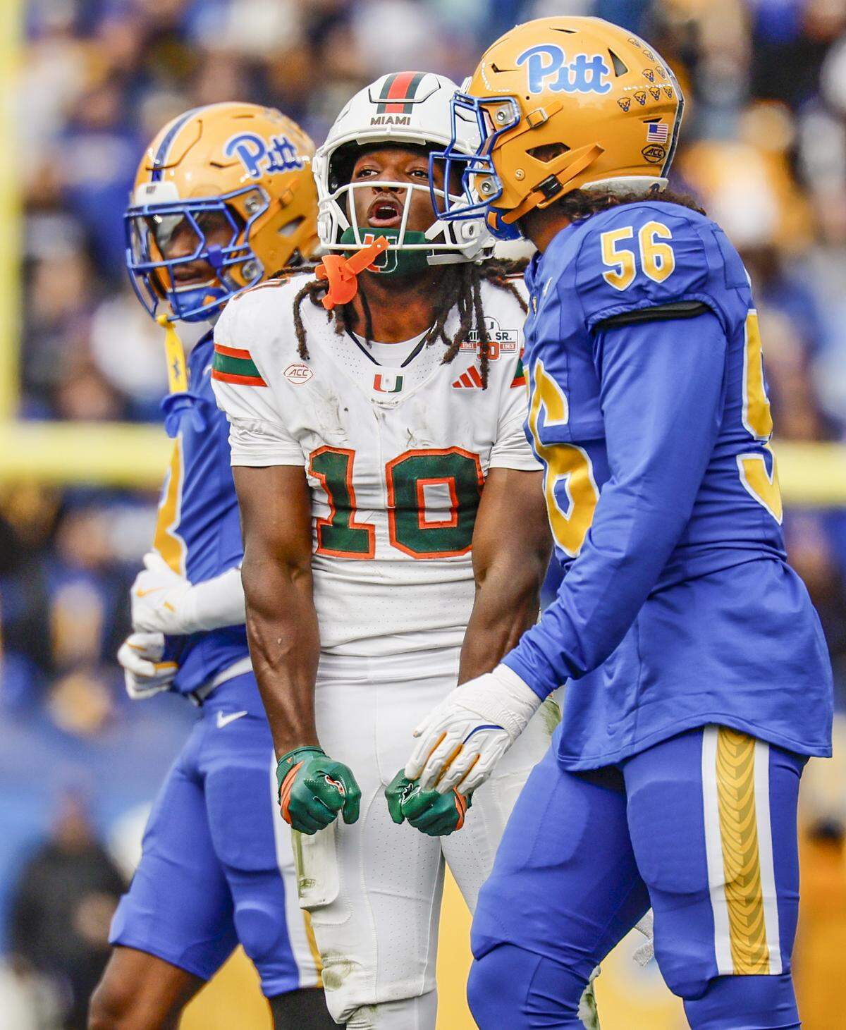 Miami Hurricanes wide receiver Malachi Toney (10) reacts after a first down reception during an NCAA football game against the Pittsburgh Panthers at Acrisure Stadium in Pittsburgh, PA, on Saturday, November 29, 2025.