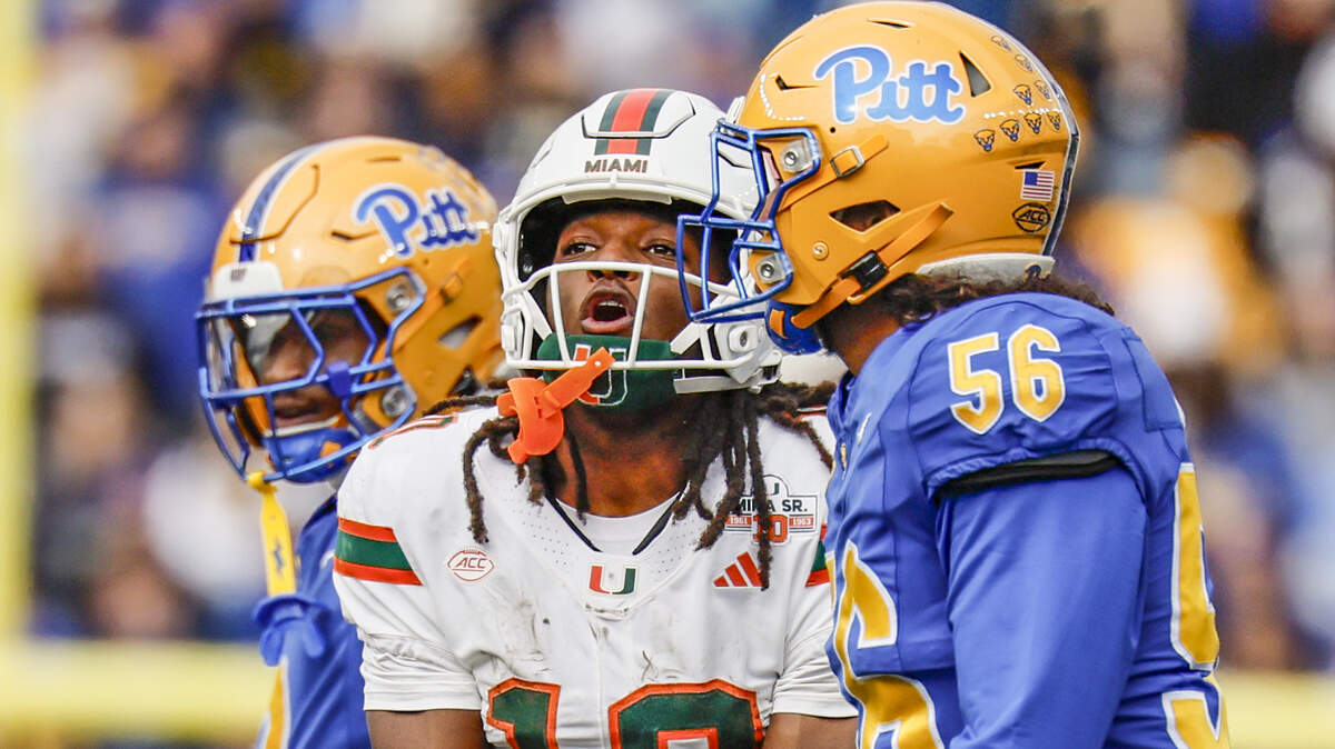 Miami Hurricanes wide receiver Malachi Toney (10) reacts after a first down reception during an NCAA football game against the Pittsburgh Panthers at Acrisure Stadium in Pittsburgh, PA, on Saturday, November 29, 2025.